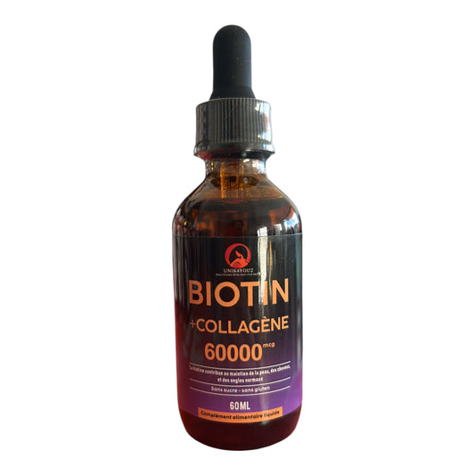 BIOTINE + COLLAGÈNE 60000 mcg  - cheveux , peau & ongles . Sans sucre sans gluten