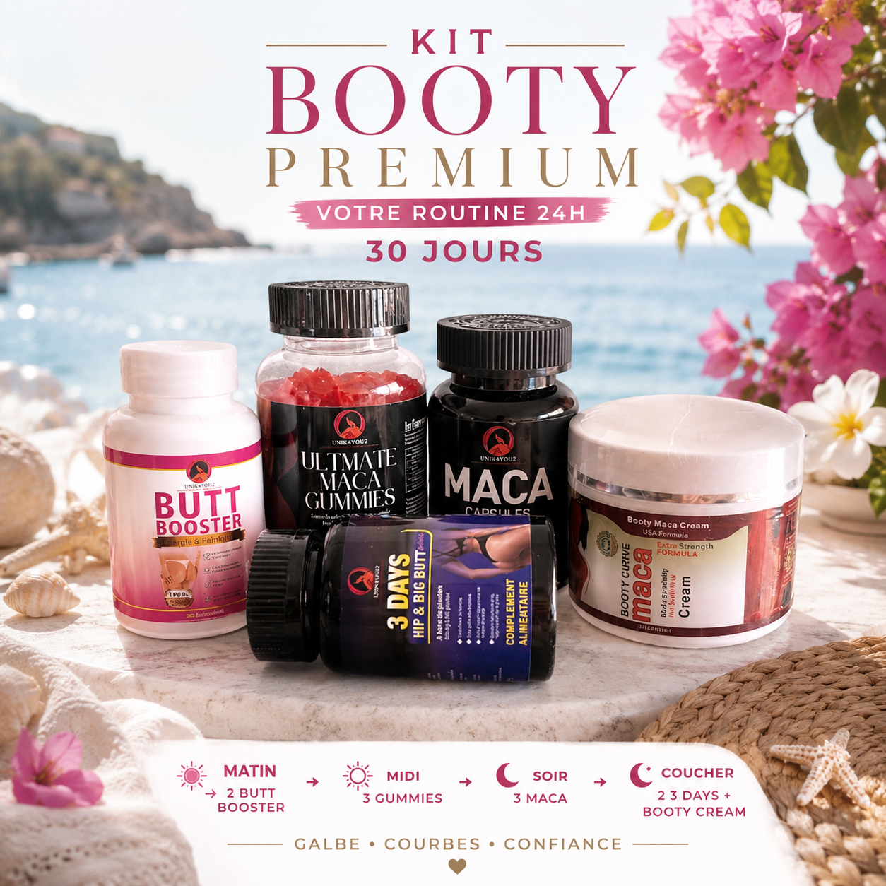 KIT BOOTY PREMIUM 30 JOURS – Routine Fessiers & Courbes 24H Maca 7500 mg + Gummies + Crème