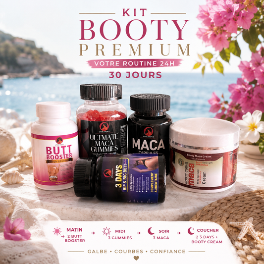 KIT BOOTY PREMIUM 30 JOURS – Routine Fessiers & Courbes 24H Maca 7500 mg + Gummies + Crème