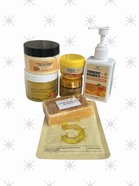 CURCUMA BEAUTE  – 50 Pads Nettoyants, Crèmes Jour & Nuit, Masque Boue Curcuma, Savon Exfoliant, Lait Corporel 150 ml + 1 Masque Tissu