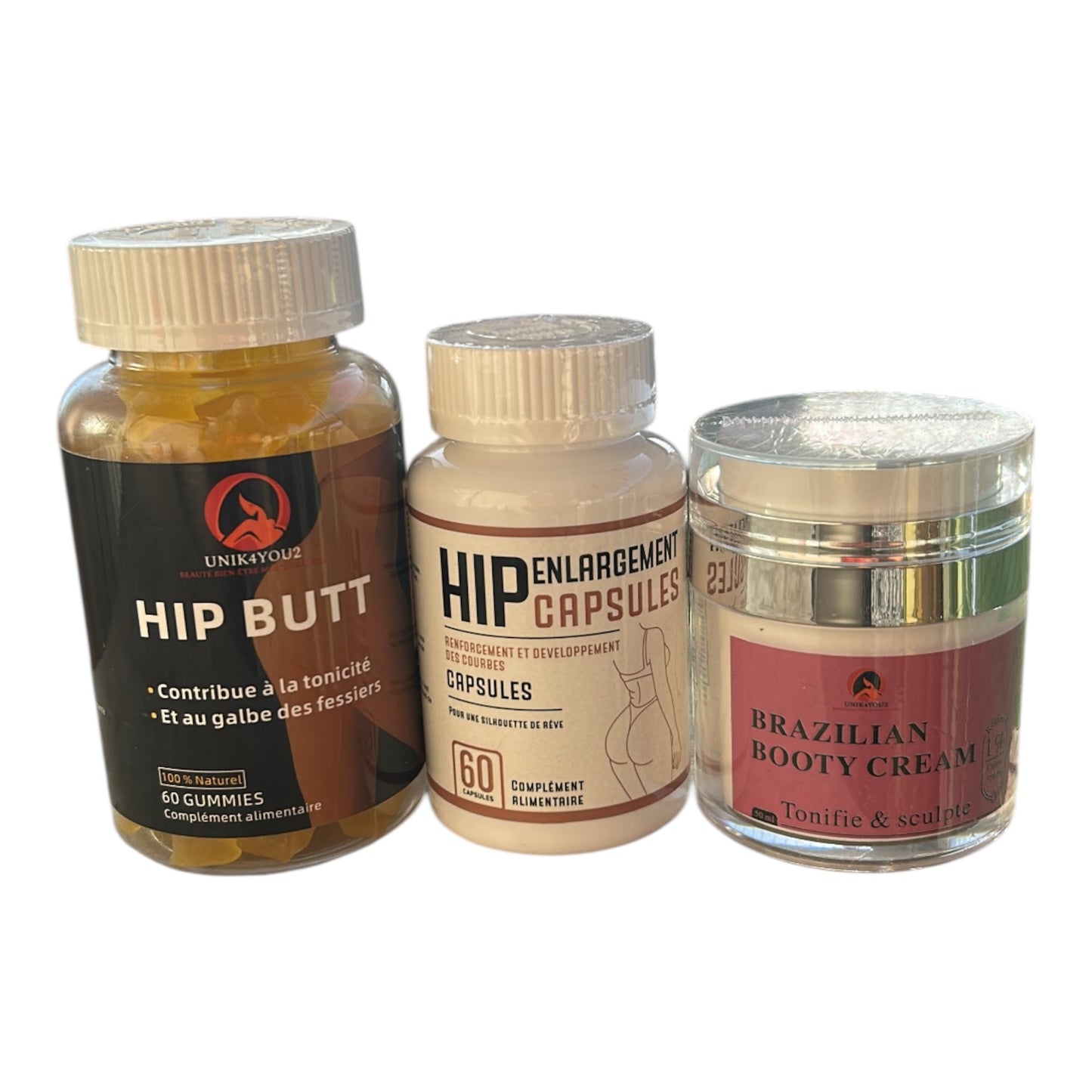 KIT FESSIERS & CREUX DES HANCHES – HIP Gélules + HIP Gummies + Brazilian Booty Cream | Trio naturel pour galber et lisser les courbes