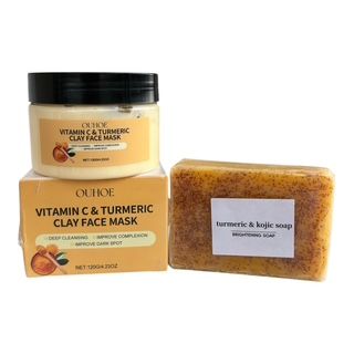 SOIN ECLAT VISAGE : Masque Visage à l’Argile, Vitamine C & Curcuma + Savon Curcuma & Acide Kojique – Teint Lumineux et Anti-Taches Naturel