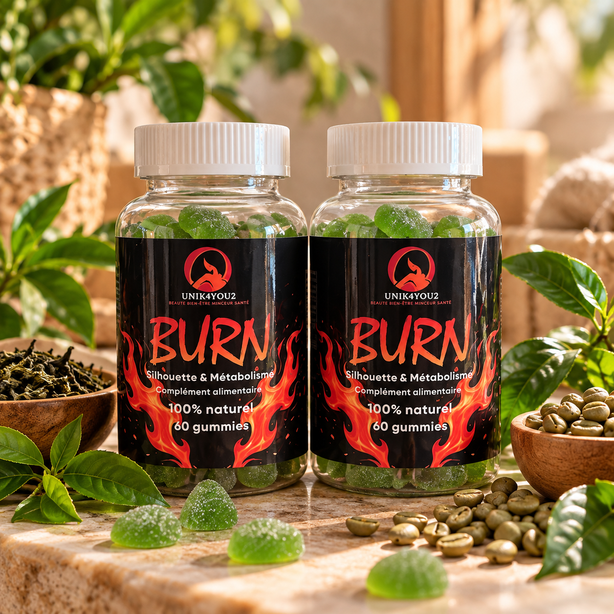 LOT DE 2 BURN Gummies – Thé Vert & Café Vert | 120 Gummies – Déstockage